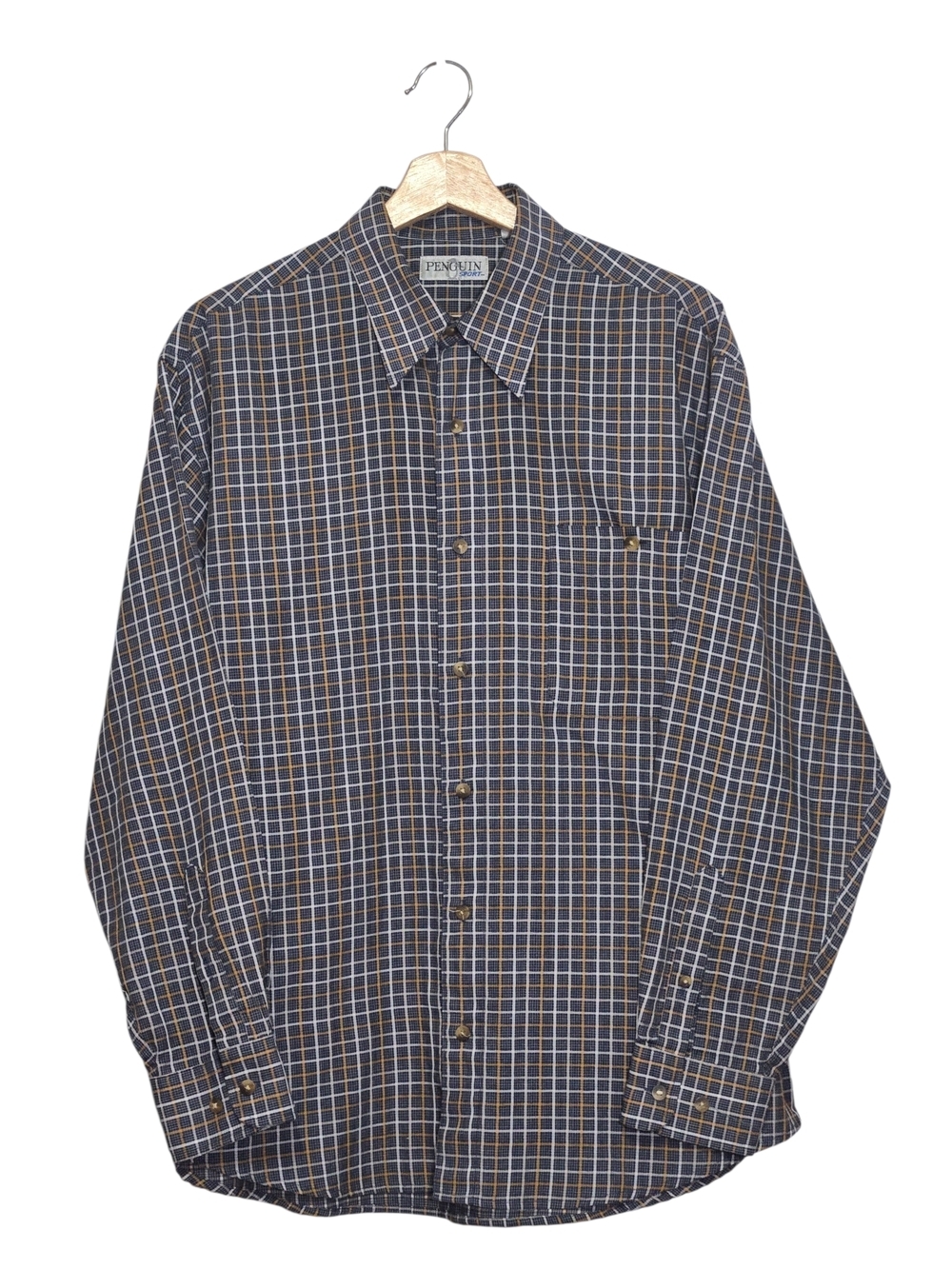 Original Penguin Men's Navy and Brown Windowpane Button-Up Shirt Size Large